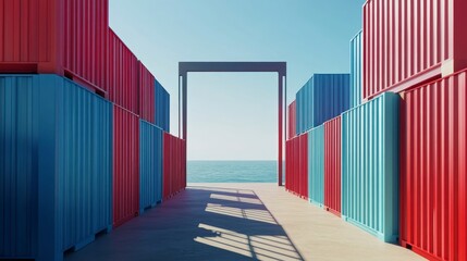 Colorful shipping containers by the sea, forming an archway.