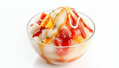3D Render of Patbingsu Korean Shaved Ice Dessert in a Glass Bowl Isolated on White