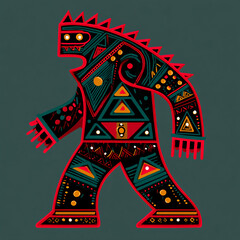 Abstract Figure Illustration Colorful Design Folk Art Pattern Shape Tribal Geometric Motifs Vibrant Cultural Ornament Brushstroke Canvas Mystical Decorative Fantasy Mythology Folklore Textile Painting