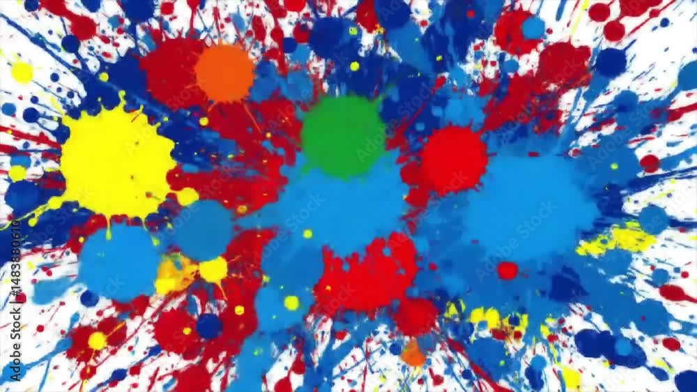 Poster dynamic animation of paint splatter effects in vivid primary colors