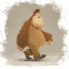 Animated Cartoon Bigfoot Character Illustration: Funny Furry Creature Adventure with Vibrant Colorful Design, Whimsical Nature Fantasy Beast, Humor, Joyful Walking Motion, Playful Environment