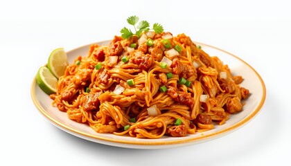 3D Render of Sopa Seca De Fideo on White Screen Background with Lime Wedges and Cilantro