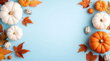 Autumnal arrangement of pumpkins and fall leaves on blue background