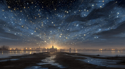 Night Sky Cityscape Water Reflections Stars Illuminated Horizon Serenity Scenic Breathtaking Tranquil Lake Twilight Peaceful Starry Nighttime Glow Dusk Urban Silhouettes Panorama Captivating