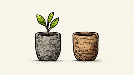 Plant Pot Sketch Design Botanical Art Illustration Green Leaves Indoor Decor Home Gardening Flora Organic Nature Minimalism Textured Ceramic Modern Sustainable Farmhouse Style Doodle