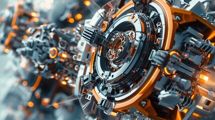 Fototapeta premium Complex, intricate mechanical system with glowing inner workings. Close-up view of gears, rods, and other components