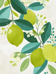 Lemons Leaves Floral Nature Green Fruit Botanical Illustration Vines Branch Flora Design Art Background Spring Summer Fresh Motive Detail Textured Pattern Organic Symbolic Style Colorful Beauty