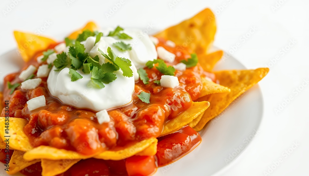 Poster crispy nachos topped with salsa and sour cream isolated on white background in detailed 3d render st