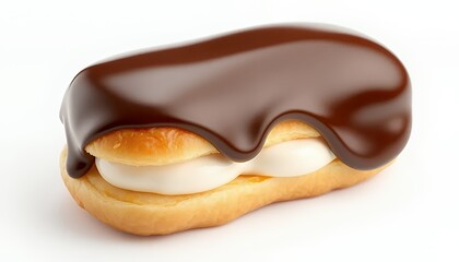 Delicious Chocolate Eclair with Creamy Filling Isolated on White Background Smooth 3D Render Food Photography French Pastry Sweet Treat Culinary Perfection Detailed Visual Key