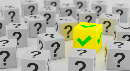 A group of question marked cubes with one yellow cube having check marks standing out among others