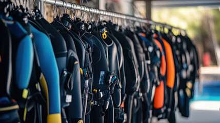 Wetsuits hanging in a queue at a scuba diving centre.