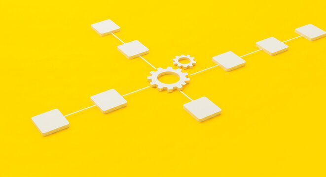 White gears and squares connected by lines on a yellow background representing a network system - Powered by Adobe