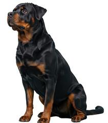 Obraz premium Black and tan Rottweiler dog sitting looking up left. PNG image with transparent background