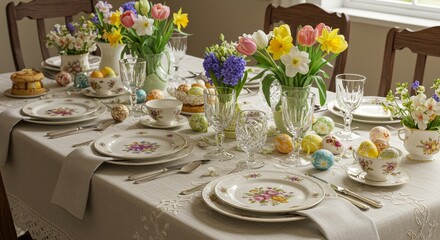 Fototapeta premium Easter Brunch Table Setting with Floral Arrangements and Decorated Eggs - Elegant Easter brunch table setting featuring pastel floral arrangements, colorful eggs, and fine china. Symbolizing spring