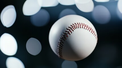 A white baseball is in the air with a red stitching. The ball is in motion and is about to land