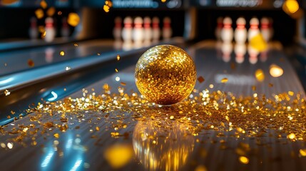 A bowling ball is in the air with a bunch of gold glitter on the ground. There are two bowling balls in the air