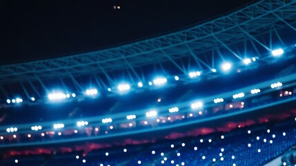 A stadium filled with people and lights. The lights are blue and yellow