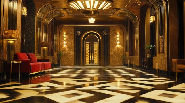 Grand Luxurious Hotel Lobby: A Golden Era Interior