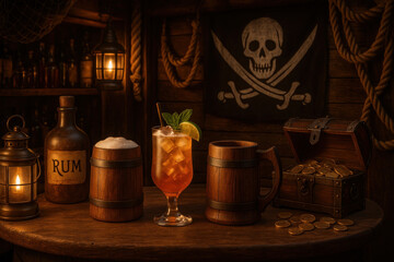 Bottle of rum next to a drink on a table.