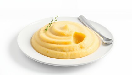 Golden Polenta Italian Dish on White Plate with Silver Spoon Isolated on White Background