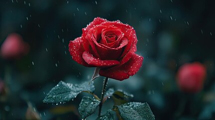 Close-up of Red Rose with Water Drops for Romantic, Floral, or Nature Photography Concept