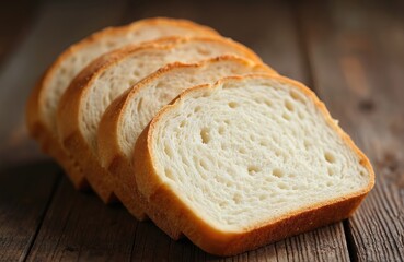 Close-up of sliced white bread on dark wooden table. Simple clean food composition. Bakery product. Breakfast meal ingredient. Warm natural tones, rustic style.