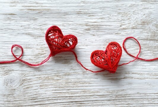 Two red yarn hearts connected by string on wood.