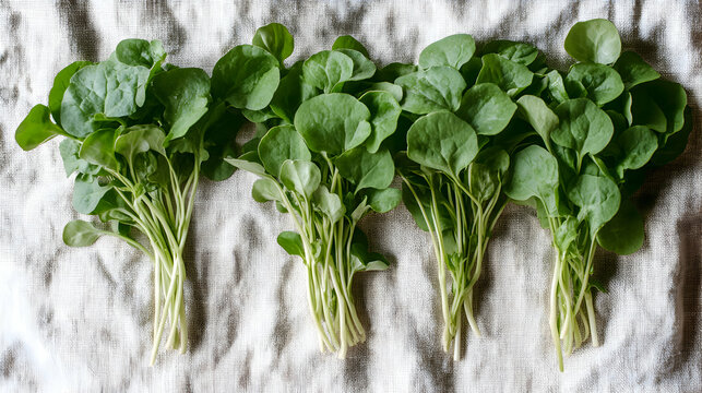 Berros, Watercress fresh watercress bunches on linen, soft pale background