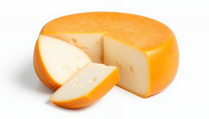 Gouda Cheese from Netherlands Goudse Kaas Round Golden Wheel with Slice Isolated on White Background 3D Render