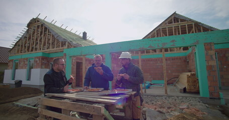 Construction crew enjoying pizza break at worksite, unfinished building in background, casual...