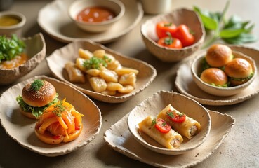 Eco lunch box set with diverse healthy finger food. Buffet table with small burgers, stuffed rolls, vegetables, appetizers. Catering meal at party, eco friendly dishes concept.