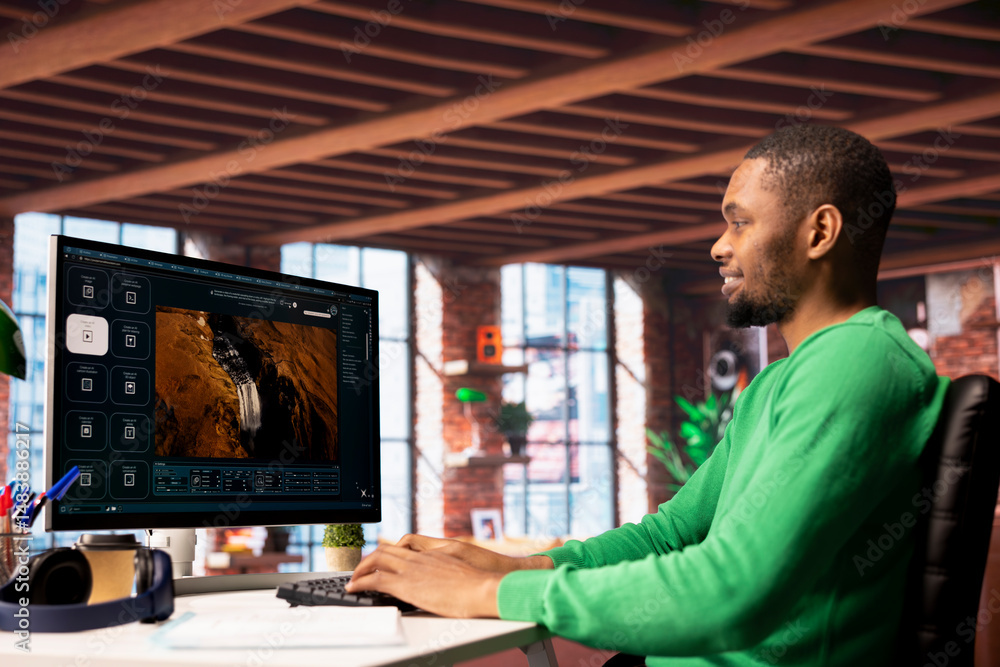 Poster smiling man using ai program turning text prompt into videos, pleased by results. joyous african ame