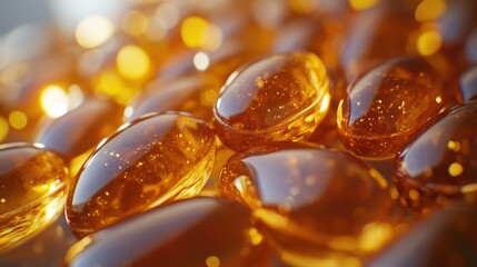 Amber Oil Capsules Close-Up: Shiny Health Supplements & Vitamins Background