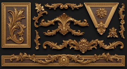 Elegant Gold Ornate Design Elements - Collection of ornate gold design elements, perfect for interior design, architecture, and decorative projects. High-resolution