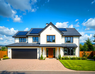 Solar-powered new home under a cloudy sky.