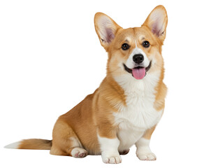 Fawn and white Pembroke Welsh Corgi dog sitting, PNG with transparent background.