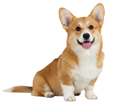 Fawn and white Pembroke Welsh Corgi dog sitting, PNG with transparent background.