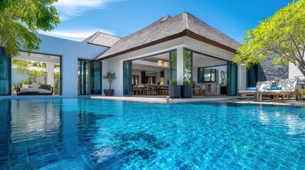 Luxurious modern villa with a sparkling pool under a clear blue sky.