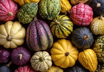 A vibrant assortment of colorful gourds on display.