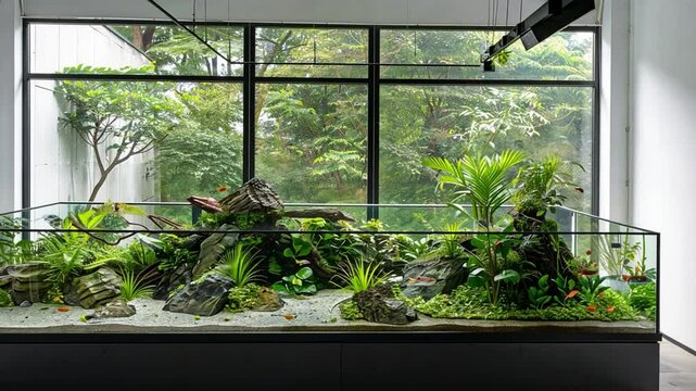 Serene Aquarium Design Lush Aquatic Plants, Rocks, and Colorful Fish Create Vibrant Underwater Landscape with Greenery and Natures Beauty in Interior Spaces.