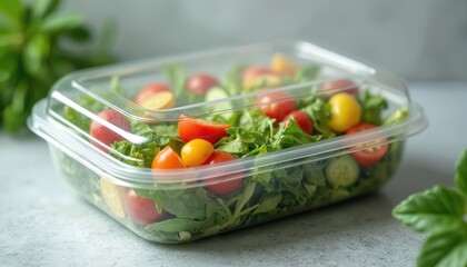 Fresh salad in transparent disposable food container. Salad includes cherry tomatoes, cucumbers, lettuce. Healthy lunch, take-away meal. Perfect for food delivery service, diet, vegetarian, vegan