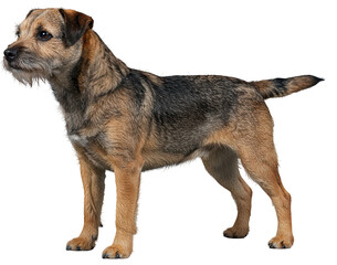 Red-brown and gray, black, rough-coated Border Terrier dog standing in profile. PNG with transparent background