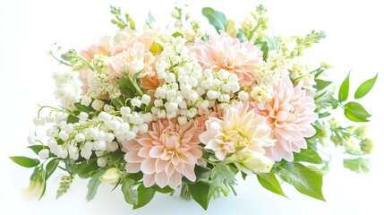 Elegant peach and white floral arrangement with dahlias and lily of the valley.