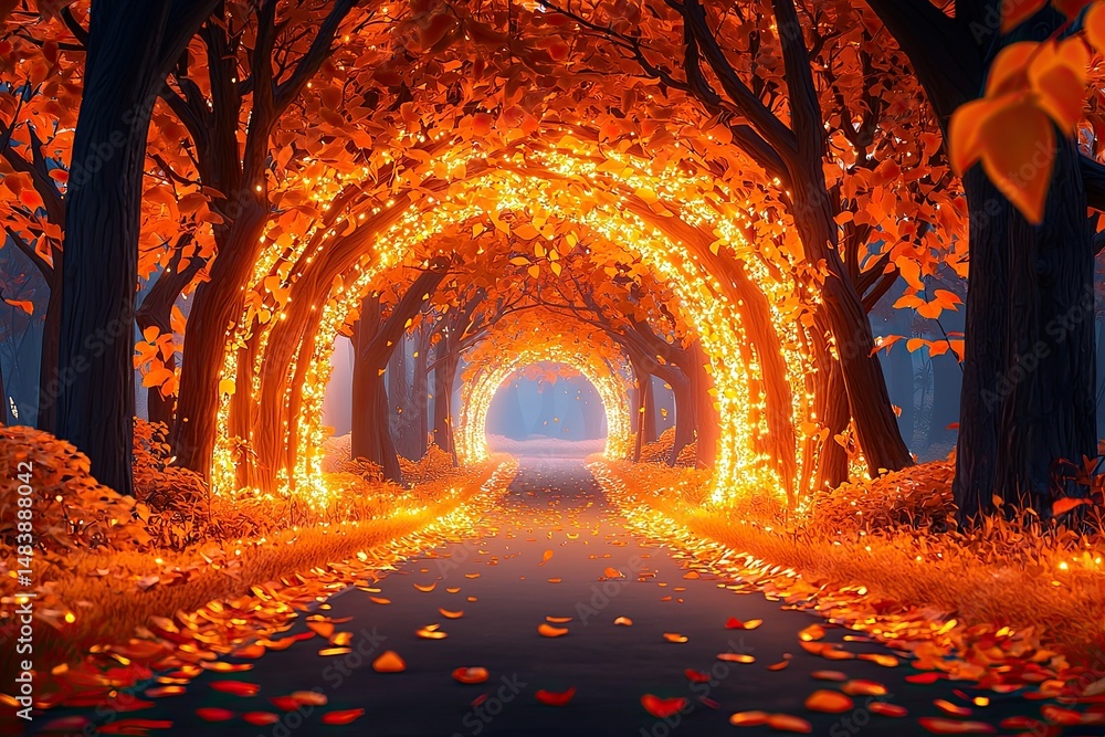 Aufkleber illuminated autumn path through glowing tree tunnel