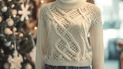 Elegant Cable Knit Sweater Displayed with Christmas Tree Decoration