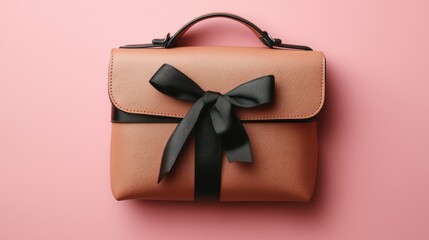 Brown handbag tied with black ribbon on pink background