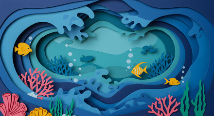 Paper-cut ocean scene with layered blue waves, coral, and fish in a whimsical handcrafted style