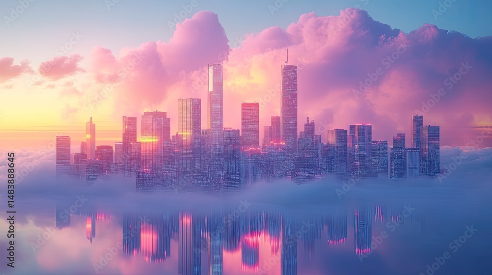 Poster cloud city concept, futuristic digital representation of smart city with cloud computing integration