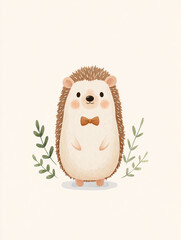 Hedgehog Illustration Cartoon Artwork: Playful, Whimsical Cute Animal Character in Woodland Forest with Bowtie Friendly Adorable Scene, Perfect for Nursery or Children’s Studio Drawing Art Design