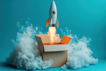 Rocket Launches From Cardboard Box Against a Vibrant Blue Backdrop With Clouds and Smoke, Showcasing Imaginative Creativity and High Quality Generative Ai Photography